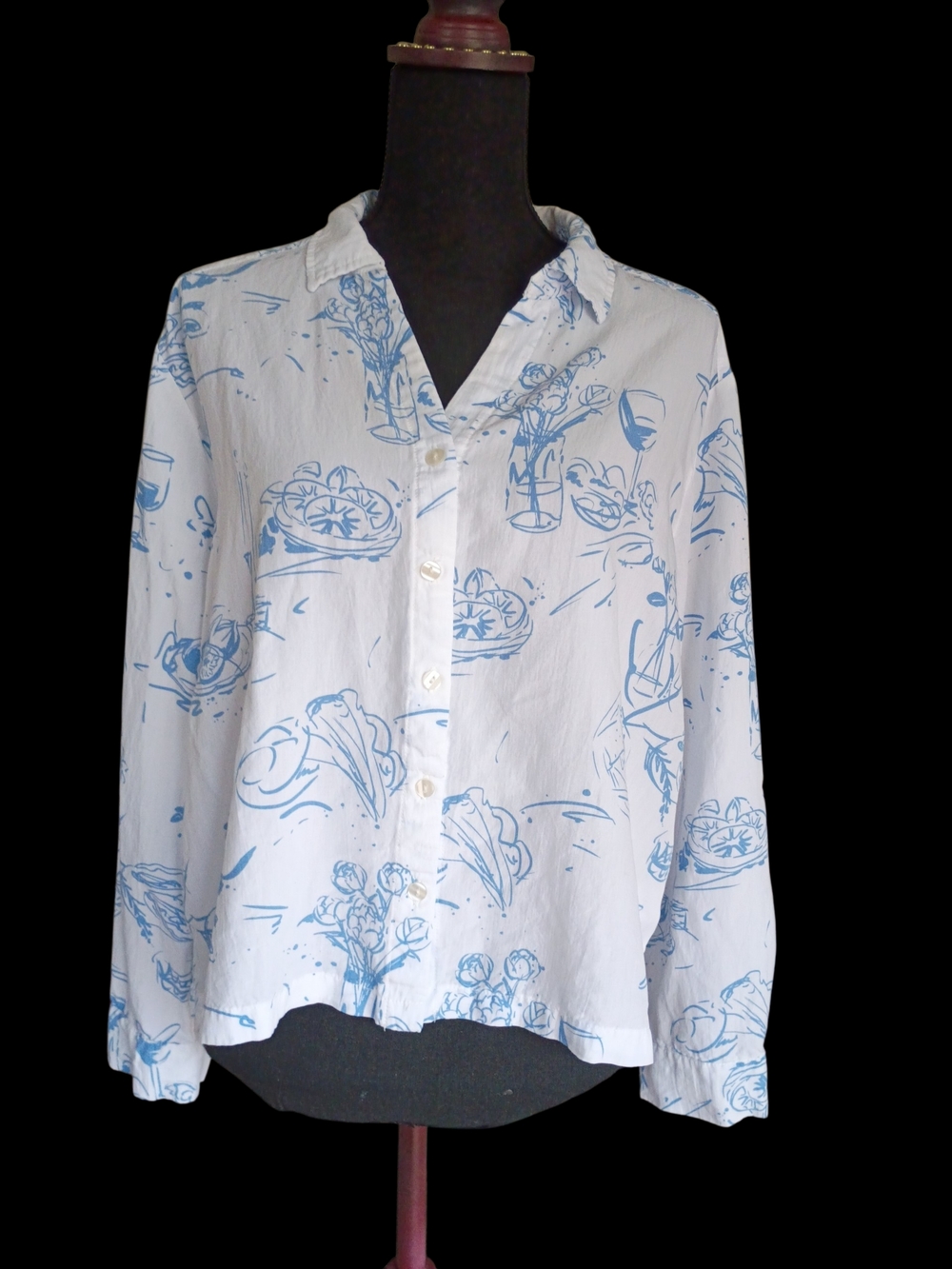 White Button-Up Shirt with Light Blue Floral & Wine Print